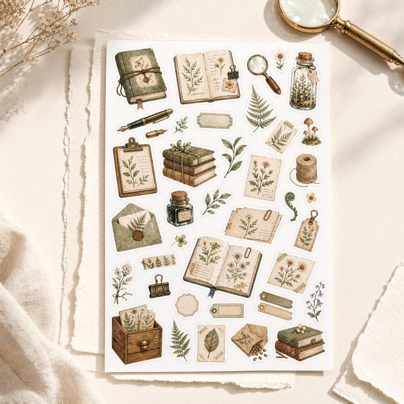 May include: A sheet of stickers featuring vintage-style illustrations of books, botanical elements, and stationery. The stickers include open books, a magnifying glass, an ink bottle, and a small wooden box. The color palette is muted with greens, browns, and creams.