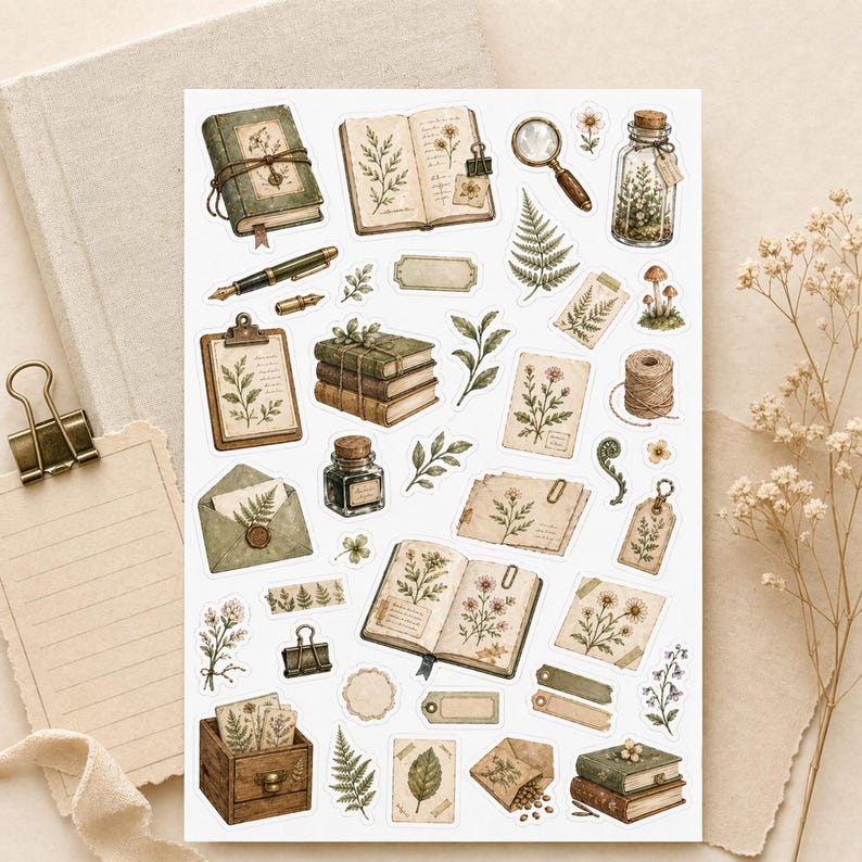 May include: A sheet of vintage-style stickers featuring botanical illustrations. The stickers include open books, a magnifying glass, a pen, a clipboard, and small stacks of books. The color palette is muted with greens, browns, and creams.