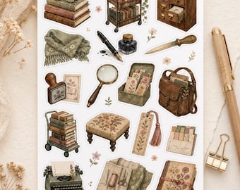 Cozy Books Sticker Sheet | Vintage Book Love, Typewriter, Journal & Stationery | Hand-drawn Sticker Sheet