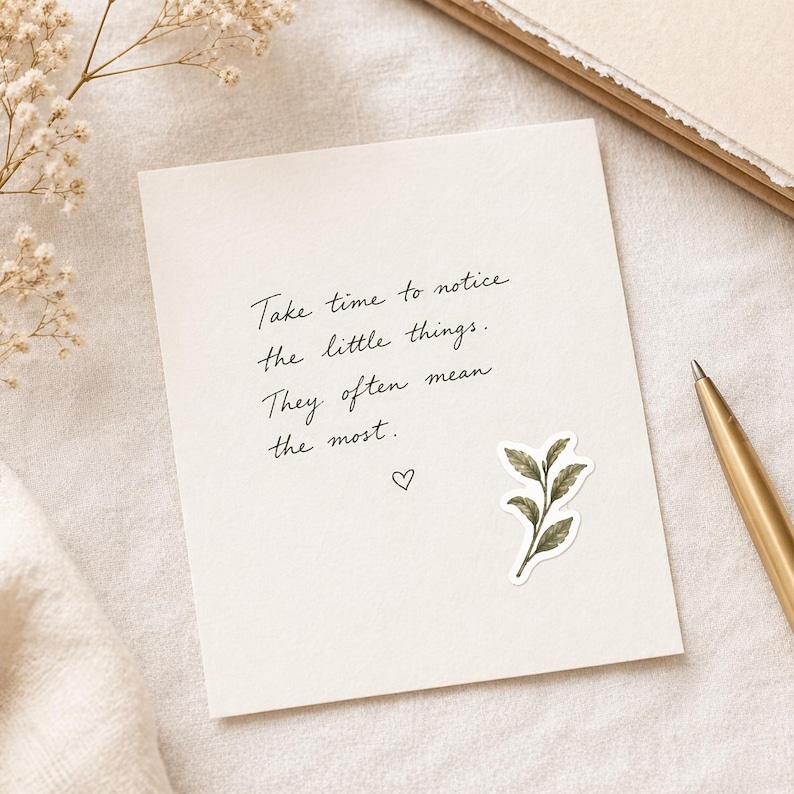 May include: A cream-colored card with handwritten text: "Take time to notice the little things. They often mean the most." A small green and brown leaf sticker and a heart are also on the card. A gold pen rests on the right.