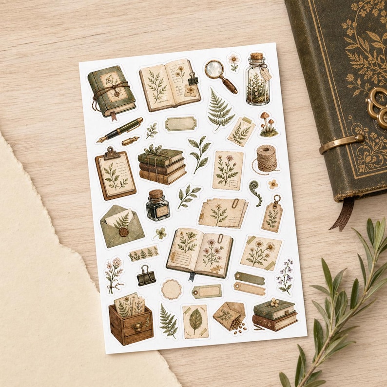 May include: A sheet of botanical-themed stickers featuring illustrations of books, magnifying glasses, ferns, and other vintage stationery elements. The stickers have a soft, muted color palette with a vintage aesthetic.