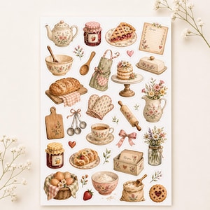 Op de afbeelding: Een stickervel met aquarel illustraties van bak- en keukenartikelen. Inclusief een theepot, taart, cake, brood, kommen, potten, een deegroller en bloemen. Het kleurenpalet is zacht met bloemen- en vichy-patronen.