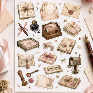 Könnte beinhalten: Eine Sammlung von Aufklebern im Vintage-Stil mit Schreibwarenelementen. Die Aufkleber zeigen Umschläge, Briefe, einen Stift, ein Tintenfass, einen Briefkasten und ein Tagebuch, alle verziert mit floralen und Schleifen-Akzenten in sanften Pastellfarben.