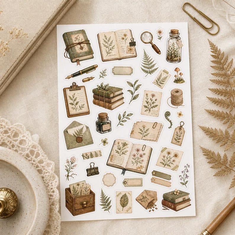 May include: A sheet of vintage-style stickers featuring botanical illustrations. The stickers include open books, journals, a magnifying glass, a pen, and sprigs of greenery in shades of green, brown, and beige.