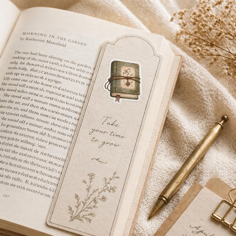 May include: A bookmark with a vintage aesthetic, featuring a small illustration of a book tied with twine. The bookmark has the text "Take your time to grow" and floral accents. It is placed in an open book with text.