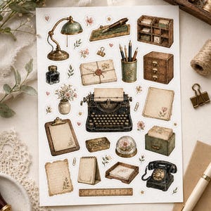 May include: A sheet of vintage-style stickers featuring various office and stationery items. Includes a desk lamp, typewriter, inkwell, pencils, a telephone, and decorative floral elements. The stickers have a warm, sepia-toned color palette.