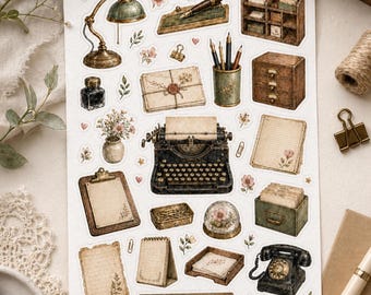 Vintage Desk Sticker Sheet | Nostalgic desk motifs with typewriter, table lamp, card index & stationery
