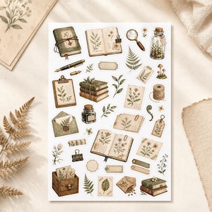 May include: A sheet of vintage-style stickers featuring botanical illustrations and stationery elements. Includes images of books, journals, envelopes, magnifying glass, inkwell, and floral accents in shades of green, brown, and cream.