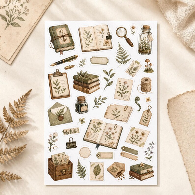 May include: A sheet of vintage-style stickers featuring botanical illustrations and stationery elements. Includes images of books, journals, envelopes, magnifying glass, inkwell, and floral accents in shades of green, brown, and cream.