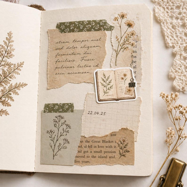 May include: Open journal with torn paper pieces, botanical illustrations, and handwritten text. The pages feature a sticker of an open book with floral details, a small paper clip, and decorative washi tape.