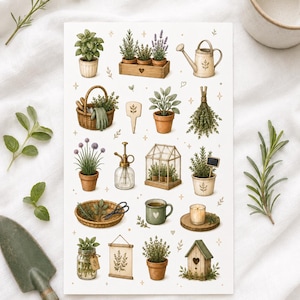 Peut inclure: Une planche d'autocollants sur le thème botanique avec des illustrations à l'aquarelle d'herbes en pot, d'outils de jardinage et d'un arrosoir. La conception comprend un panier, une serre et un nichoir, le tout dans des tons doux et terreux.