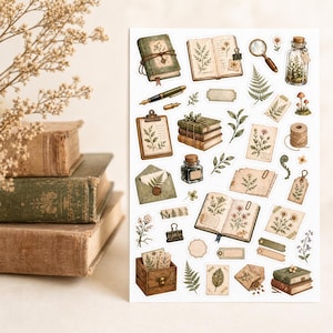 May include: A sheet of vintage-style stickers featuring botanical illustrations. The stickers include open books, journals, a magnifying glass, ink bottle, and botanical elements. The color palette is muted greens, browns, and creams, evoking a nostalgic aesthetic.