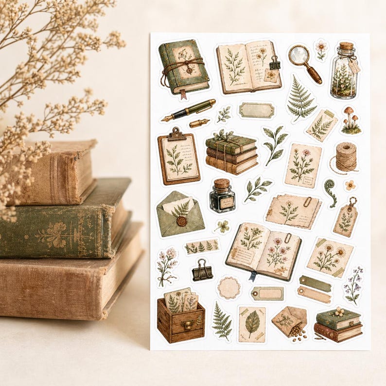 May include: A sheet of vintage-style stickers featuring botanical illustrations. The stickers include open books, journals, a magnifying glass, ink bottle, and botanical elements. The color palette is muted greens, browns, and creams, evoking a nostalgic aesthetic.