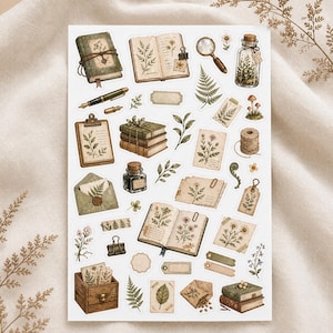 May include: A sheet of vintage-style stickers featuring botanical illustrations. Includes open books, journals, envelopes, a magnifying glass, and a glass jar. The color palette is soft, with greens, browns, and creams, evoking a classic, nature-inspired aesthetic.