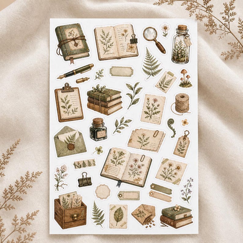 May include: A sheet of vintage-style stickers featuring botanical illustrations. Includes open books, journals, envelopes, a magnifying glass, and a glass jar. The color palette is soft, with greens, browns, and creams, evoking a classic, nature-inspired aesthetic.