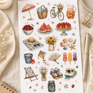 Klistermärkesark med sommarlycka med parasoll, picknickkorg, cykel, körsbär, vattenmelon, glass, snäckor och sommarmotiv