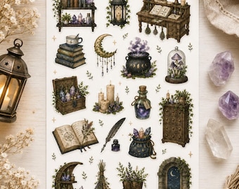Fantasy magic sticker sheet with spellbook, crystals, moon, cauldron, potions, lantern and mystical motifs