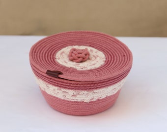 Storage Basket with Lid Made With Cotton Rope, Pine Pink Basket for Home Decoration, Cotton Baskets for Natural and Minimal Decor