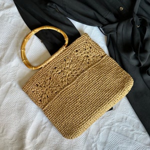 Crochet Raffia Bag , Natural Bamboo Hanbag , Raffia Shoulder Tote , Handknitted Bag , Paper Yarn Bag , Minimal Style Shoulder Gift for Women