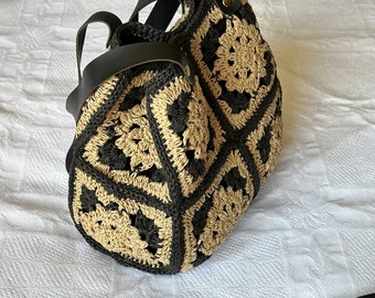 Black Crochet Shoulder Tote Bag | Granny Square Paper Yarn