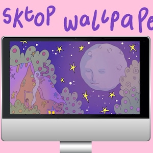 以下が含まれることがあります： コンピューターの画面に、大きな眠っている月、星、窓のある小さな家がある夜の空のデジタルイラストが表示されています。画面の上部に「Desktop wallpaper」というテキストが紫で書かれています。
