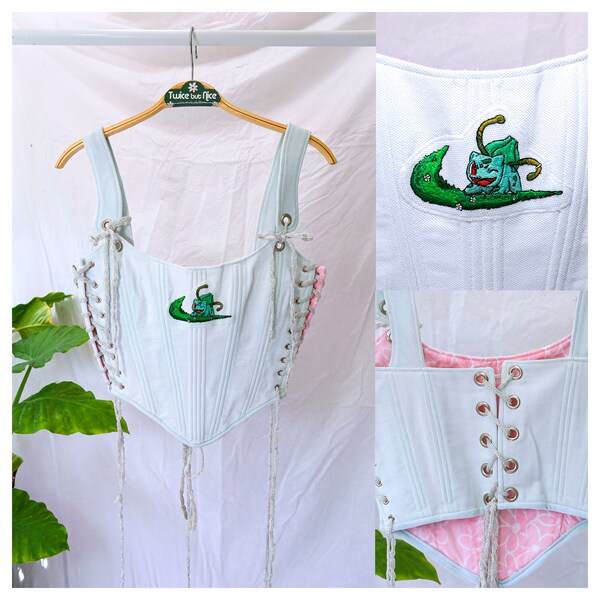 Reworked corset top,Handmade up-cycled corset top, bulbasaur corset top, pokemon corset,Hand embroidered corset