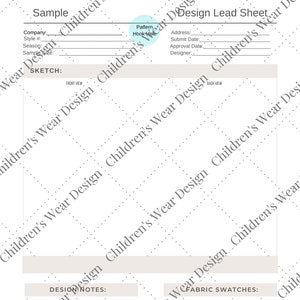 May include: A blank design lead sheet for children's wear with sections for sketching, design notes, and fabric swatches. The sheet includes the text "Children's Wear Design Lead Sheet" at the top.