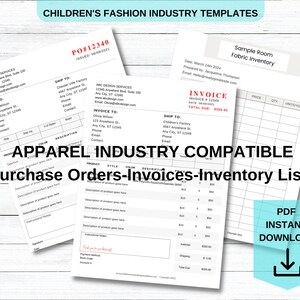 May include: Printable templates for the apparel industry, including purchase orders, invoices, and inventory lists. The templates are compatible with popular software programs. The image shows a sample of the templates with the text "Apparel Industry Compatible" and "Purchase Orders-Invoices-Inventory Lists".