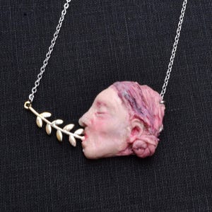 Lady with a tree necklace, female face pendant, Quirky gift, Odd jewellery, Realistic sculpture, Gothic jewelry, Weird Bizarre, art to wear