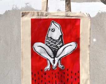 Dive under - Printed art shopper bag - Tote bag handmade - Eco bag drawing - Canvas bag - Art lover gift - painting print