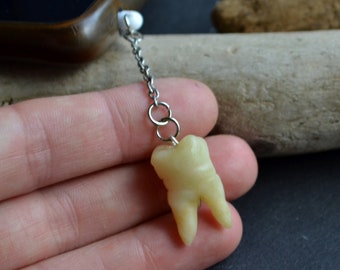 Human teeth dust plug, Phone charm, Earphone plugs with plastic tooth on silver chain, Handmade molars, Oddities curiosities,