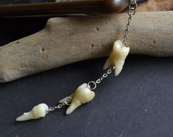 Human teeth dust plug, Phone charm, Earphone plugs with plastic tooth on silver chain, Handmade molars, Oddities curiosities,