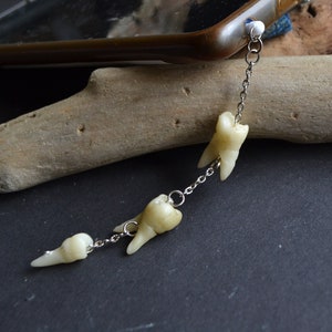 Human teeth dust plug, Phone charm, Earphone plugs with plastic tooth on silver chain, Handmade molars, Oddities curiosities,