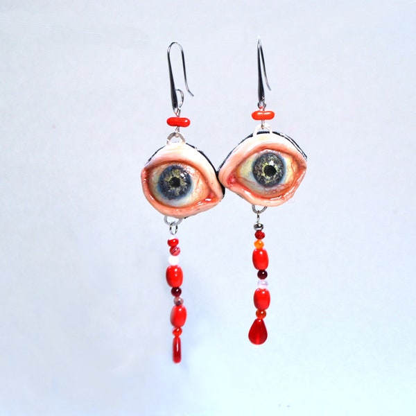 Creepy eyeballs earrings,  Large realistic eyes with blue pupils, Bizarre and unusual jewellery artwork