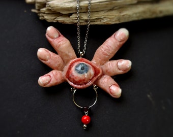 Creepy realistic creature, Eye and fingers necklace, Wearable bizarre artwork, Quirky fashion, oddities curiosities, Wacky jewelry, Weird