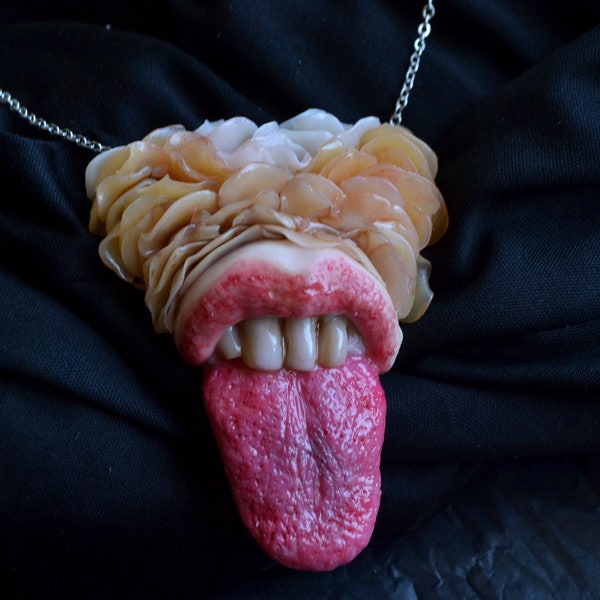 Bizarre realistic teeth and tongue necklace, organic form jewelry, body part pendant, quirky and unique art object, lips and mouth