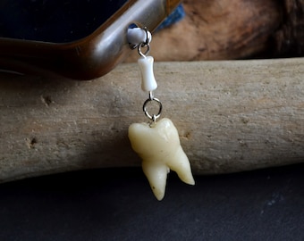 Human teeth dust plug, Phone charm, Earphone plugs with plastic tooth on silver chain, Handmade molars, Oddities curiosities,