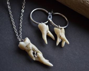 Teeth  earrings and necklace set, Human tooth on silver chain, Handmade molars, Oddities curiosities, Goth creepy jewellery, dark aesthetic