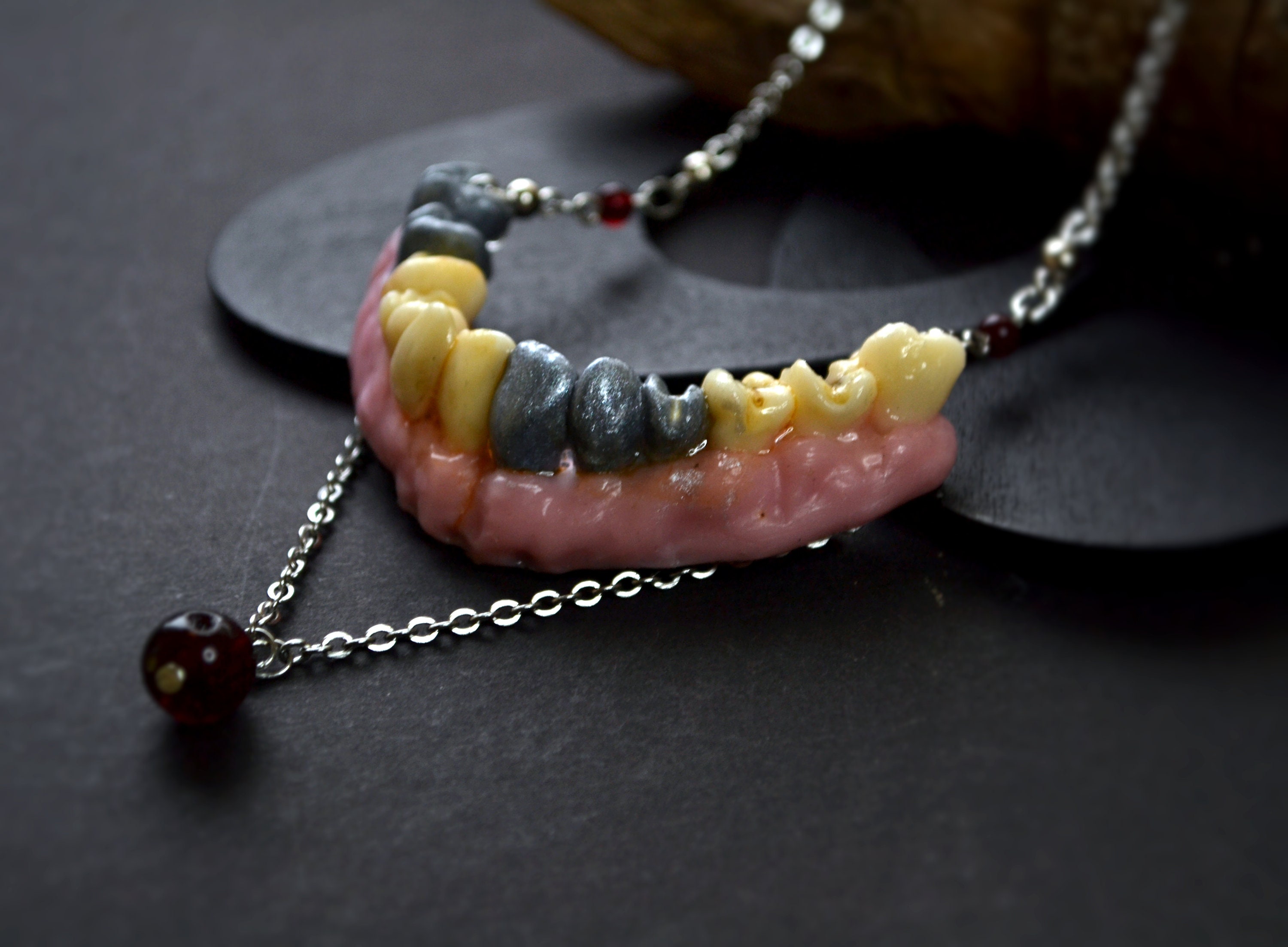 Gothic teeth necklace, Silver human tooth dentures on chain, Handmade molars, Oddities curiosities, Goth creepy jewellery, dark aesthetic