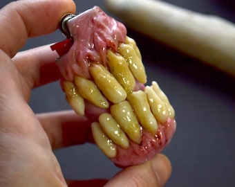 Handmade toothy monster lighter sleeve cover, Dark aesthetic accessory, Horror oddiity, Handmade and unique sculpture, Human teeth
