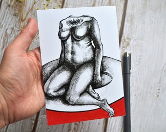 Sweet girl - A6 postcard - Figure drawing - Ink drawing print - contemporary art - sketchbook  - art print - Dark surrealism - graphics