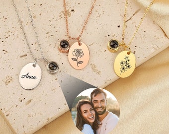 Projection Necklace Photo, Birth Flower Projection Necklace, Anniversary Gift, Gift for Mom, Custom Photo Necklace, Personalized Gifts,