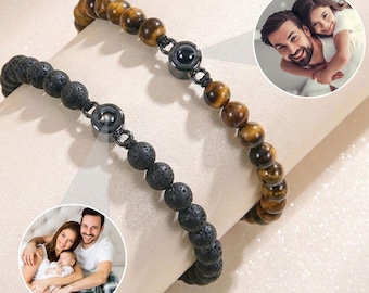 Personalized Photo Beaded Bracelet, Custom Photo Tiger Eye Bracelet, Hidden Photo Bracelet, Photo Projection Bracelet, Couples Bracelet