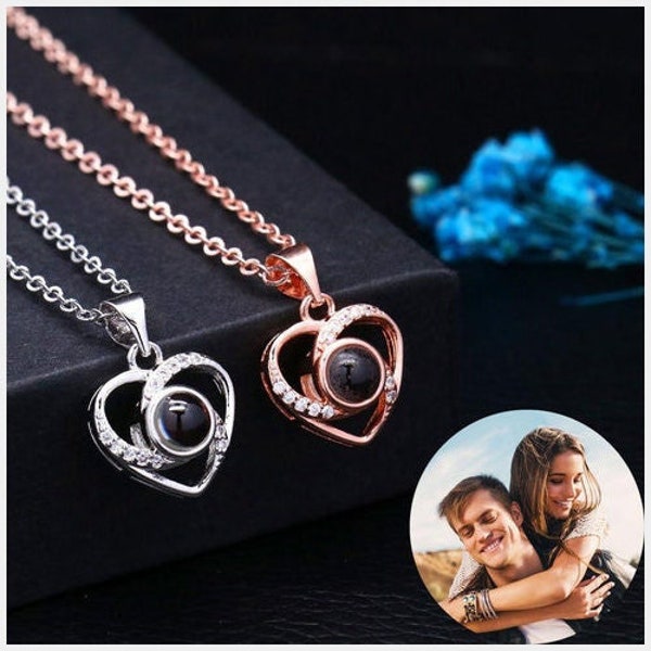 Personalized Projection Rotating Heart Photo Necklace, Projection Photo Necklace, Personalized Memorial Photo Pendant, Anniversary Gift
