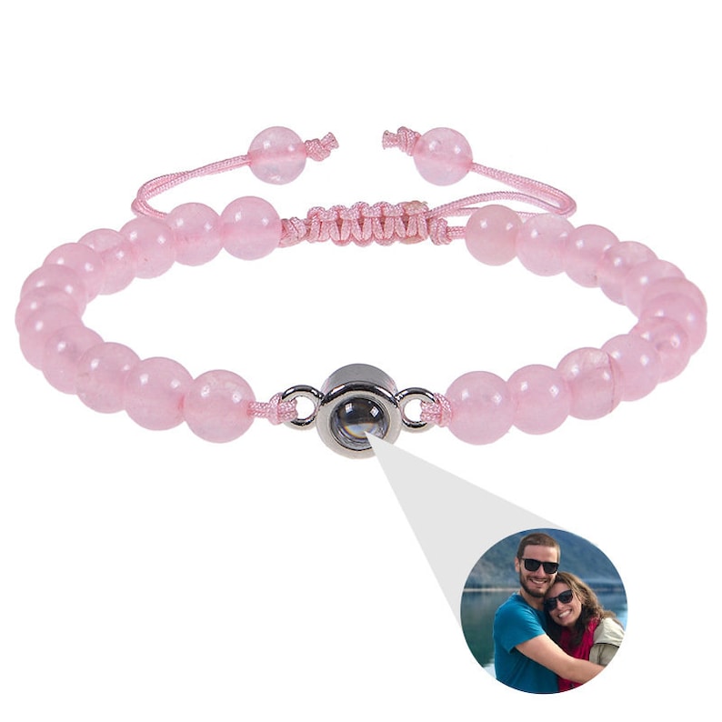 Bracelet de perles photo personnalisé, Bracelet photo personnalisé, Bracelet photo de projection de perles, Cadeau d'anniversaire, Bracelet de couple Pink