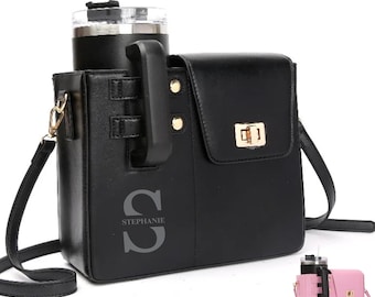 Personalized water cup bag, personalized laser engraved crossbody tumbler purse, tumbler holder with name initial, tumbler accessories gift