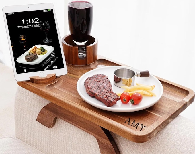 Custom Wooden Sofa Armrest Tray, Custom Engraved Couch Cup Holder & Organizer, Unique Gift for Mom or Dad Friend, Homeowner New Home Gift