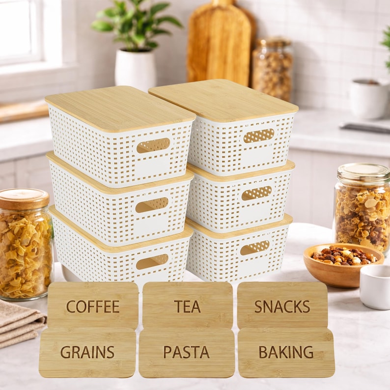 May include: A set of six white plastic storage bins with bamboo lids. The bins have a woven design and handles. Six wooden labels are included, with the words "COFFEE", "TEA", "SNACKS", "GRAINS", "PASTA", and "BAKING" engraved on them.
