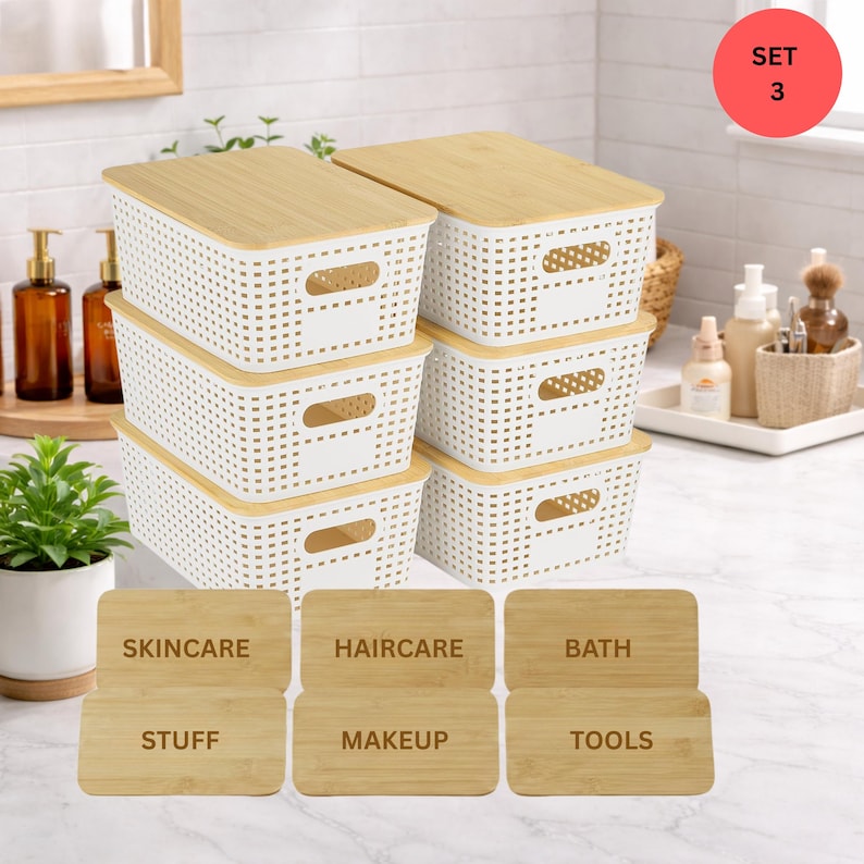 May include: A set of six white plastic storage baskets with bamboo lids. Each basket has a rectangular shape with a perforated design. Six wooden labels are included, with the following text: Skincare, Haircare, Bath, Stuff, Makeup, and Tools.