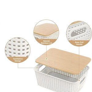 May include: A white plastic storage basket with a natural bamboo lid. The basket has a ventilation design and an easy pull handle. The lid is rectangular and made of light-colored bamboo.